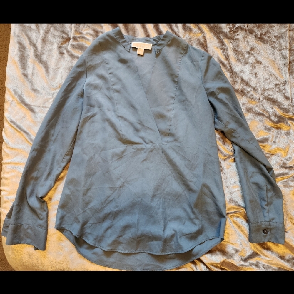 S Michael Kors Blue Blouse Longsleeve w/ Button, Vneck, Designer, Luxurious